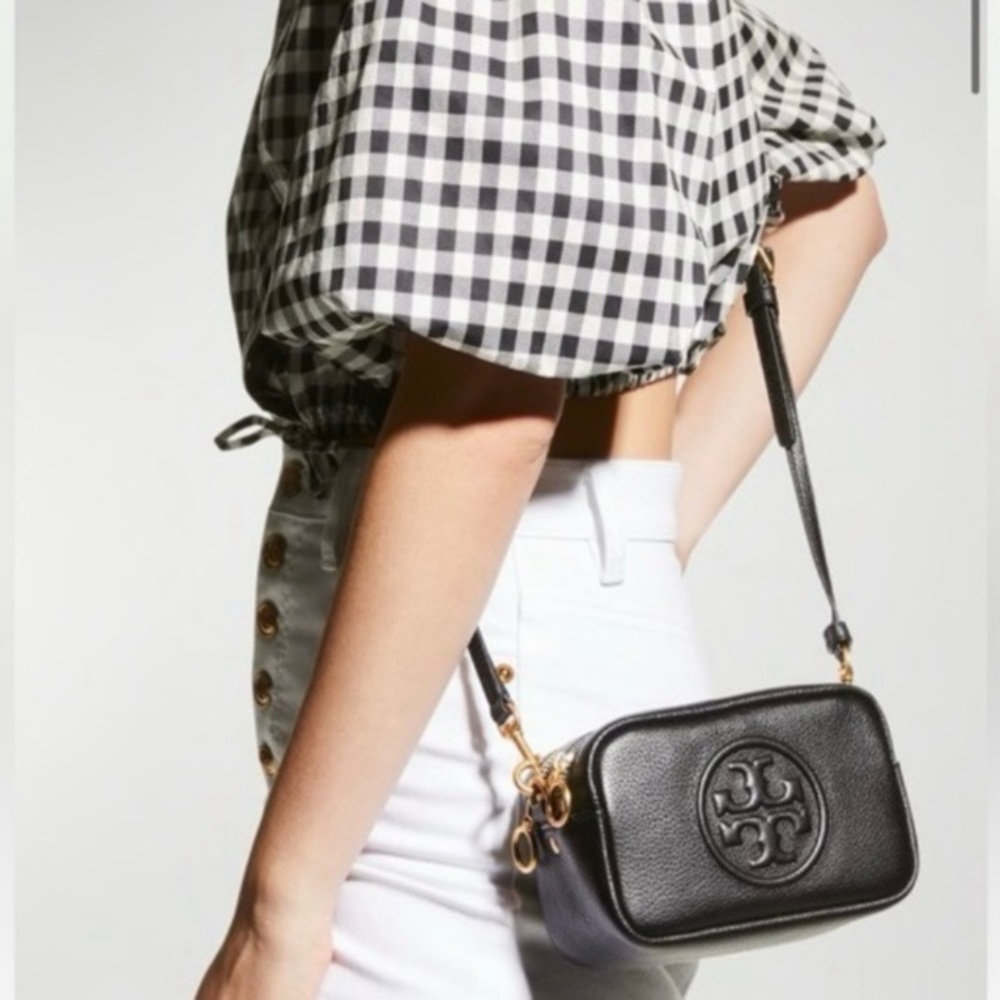 Authentic Tory Burch Perry Bombe Mini Crossbody Camera Bag Leather Purse Black - Picture 11 of 16